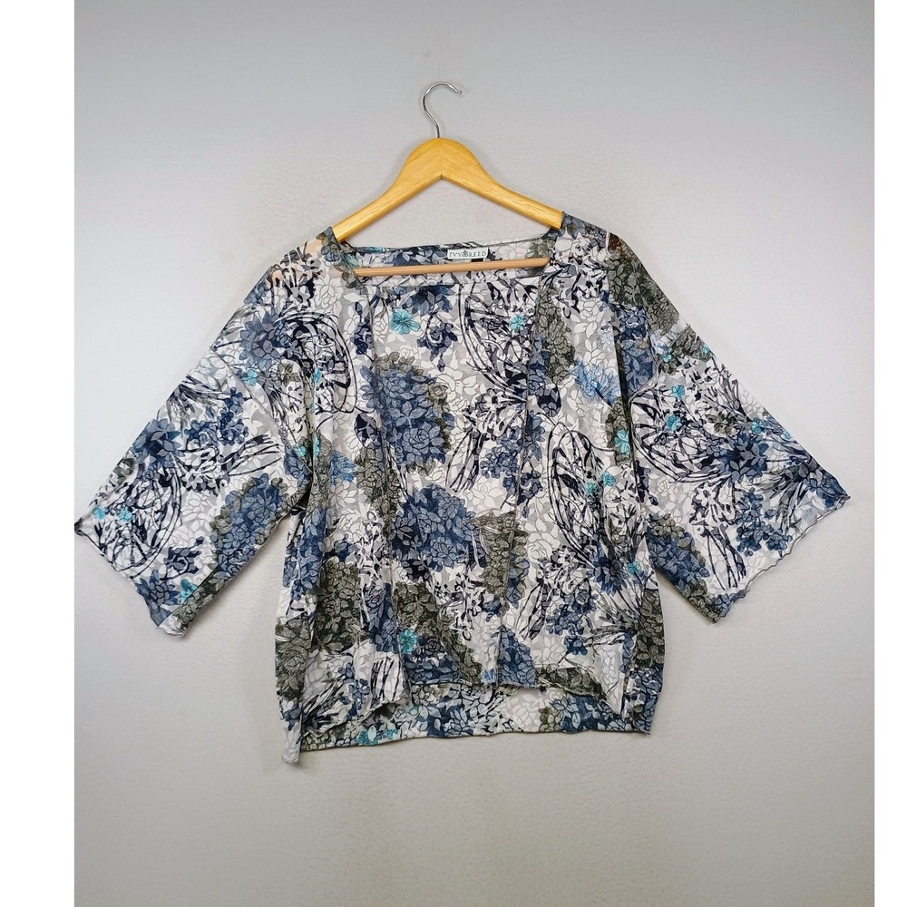 Boho Botanical Ivy Reed Women XL Blue Floral Boxy 3/4 Sleeve Mesh Top Shirt